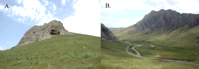 Figure 1 (Click to View): A. Anghilak Cave, Kashkadariya region, Uzbekistan.  B. View from the mouth of the cave (Photo M. Glantz).