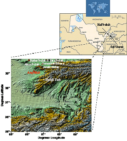 Figure 2 (Click to View): Political map of Central Asia with an insert of a digital elevation map capturing the Uzbek regions of Samarkand, Kashkadariya and Surkhandariya.  Previously known Middle and Upper Paleolithic sites are indicated in white and black and Anghilak cave, a new Middle Paleolithic site, is shown in red. (Map P. Hughes.).