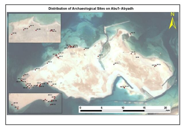 Figure 1 (Click to View): A satellite image of the island of Abu'l-Abyadh, showing the position of archaeological sites.