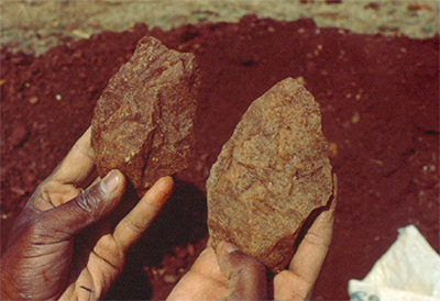 Figure 1 (Click to View): Quartzite handaxe and cleaver made on flakes, Lakhmapur East.