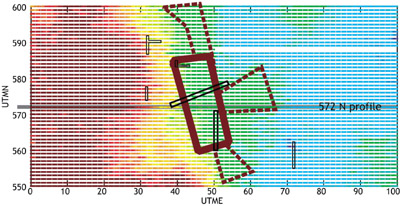 Figure 2 (Click to View): Conductivity map of Glaumbaer with main structure outlined. Scale is from violet (4ms/m) to red (11ms/m).