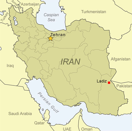 Map showing the location of the Ladiz River in south-eastern Iran.