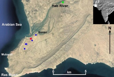 Figure 1. Location of the radiocarbon-dated sites discovered at the mouth of the Hab River. The persent-day village of Sonari is marked, as are SNR-1 (red dot), Pir Shah Jurio (green dot) and other sites (blue dots) (drawn by P. Biagi).