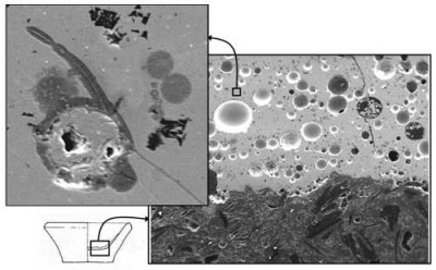 Figure 9. Scanning electron images of a section through a scorifier. On the right, interface between the graphite-tempered ceramic and the viscous slag, which contains many round voids (50x magnification, width of image ~3 mm). On the top left, detail of the slag, where the main feature is a big prill of almost pure lead (mid left), but some smaller droplets of copper (dark grey) are present (870x magnification, width of image ~100 μm).