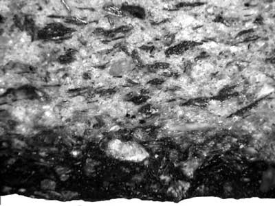 Figure 5. Section through a black crucible where abundant graphite temper can be noticed (dark phases), together with some sand grains(translucent phases). The dark layer in the bottom of the picture is the outer surface of the vessel. The width of the image is c.2 mm. Photomicrograph under polarised light, 50x magnification.
