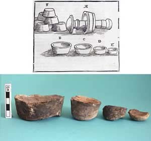 Figure 10. Top, bone-ash cupels and mould for making them as represented by Ercker in the 16th century (Sisco & Smith 1951: 33). Bottom, some cupels recovered in Oberstockstall. graphite-tempered ceramic and the viscous slag, which contains many round voids (50x magnification, width of image ~3 mm). On the top left, detail of the slag, where the main feature is a big prill of almost pure lead (mid left), but some smaller droplets of copper (dark grey) are present (870x magnification, width of image ~100 μm).