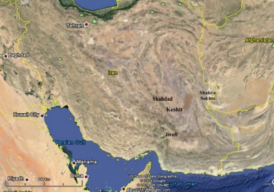 Figure 1. GoogleEarth map showing the location of Keshit and other major early urban centres of south-eastern Iran.