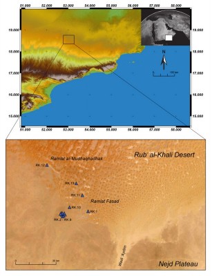 Figure 1. Map of place names and findspots in the southern Rub’ al-Khali desert.