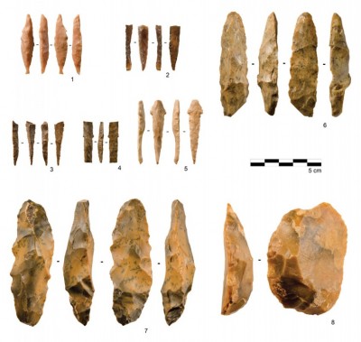 Figure 2. Neolithic artefacts from RK.12 and RK.13, including: 1–5) pressure-flaked arrowheads; 6 & 7) plano-convex bifacial preforms; and 8) scraper.