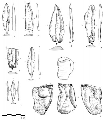 Figure 3. Late Palaeolithic artefacts from RK.2–RK.7, including: 1–6) laminar debitage; 7) backed bladelet; and 8) semi-tournant blade core.